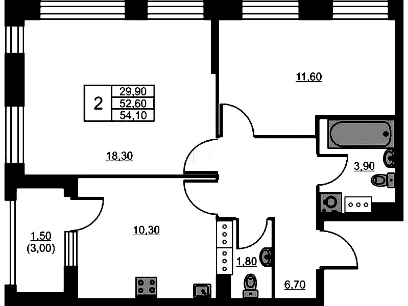 2-комнатная квартира 54.1 м², 3/13 эт., ЖК «Тайм Сквер»